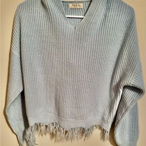 Chic Light Blue V-Neck Sweater with Fringe
